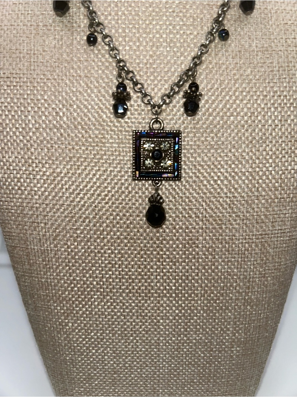 Premier design retro necklace antiqued pendant black faceted beads iridescent